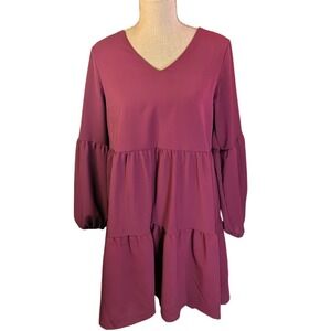 Womens Romantic Burgundy‎ Babydoll Tiered V Neck Long Sleeve Fairy Mini Dress  M